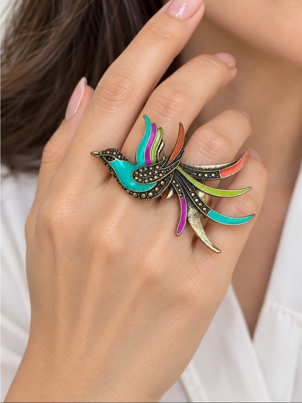 Vintage Enamel Bird Statement Stretch Ring – Multicolor Phoenix Design